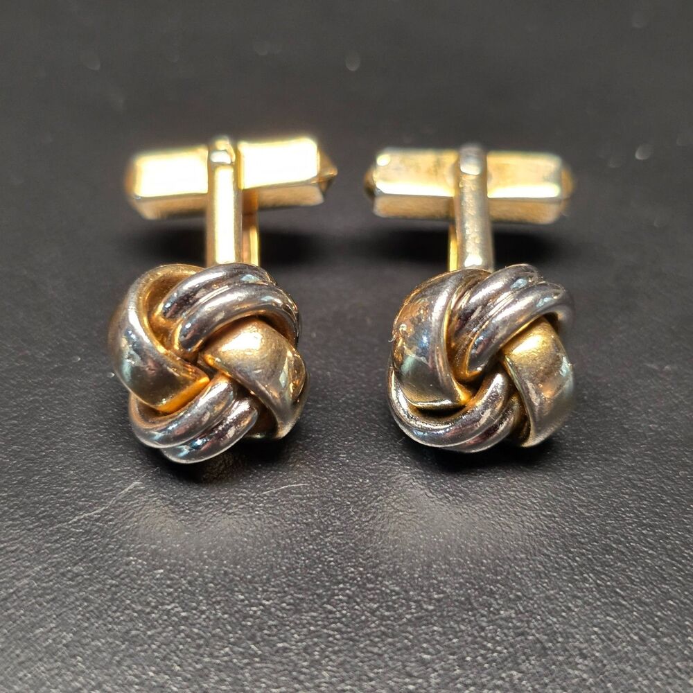 Vintage Swank USA Mens Knot Cufflinks Two Tone Silver Gold Round Mid Century VTG